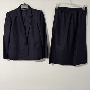 Harve Benard Navy Blue Pinstripe Suit Set Blazer Skirt Women's 10 VTG 100%‎ Wool